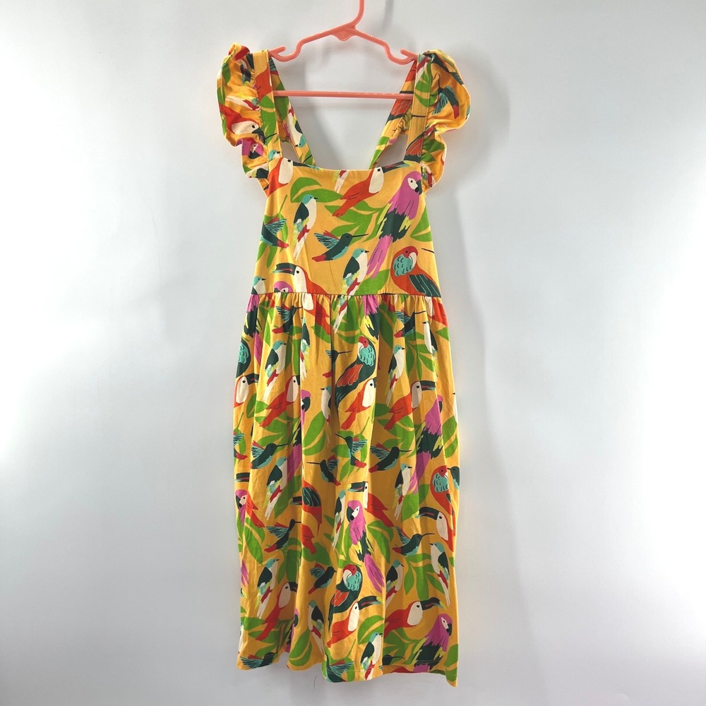 Tea Collection Dress Girl 10 Yellow Birds Cotton Summer Midi Ruffle Strap Parrot